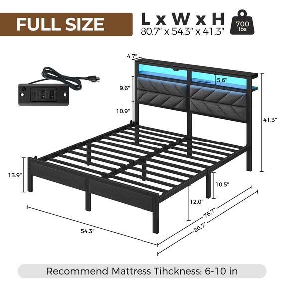 Seventable Bett 140x200 mit LED, Ladestation (2 USB-Anschlüsse & 1 Typ-C-Anschluss), Metallbett mit Gepolstertem Kopfteil & Stauraum, Doppelbett für Schlafzimmer