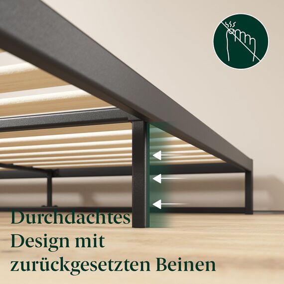 Zinus Trisha Bettgestell 140x200 cm - 18 cm Niedrige Bauweise - Metallbett 140x200 mit Lattenrost aus Holz - Umweltfreundliche Verpackung & Einfache Montage - Schwarz