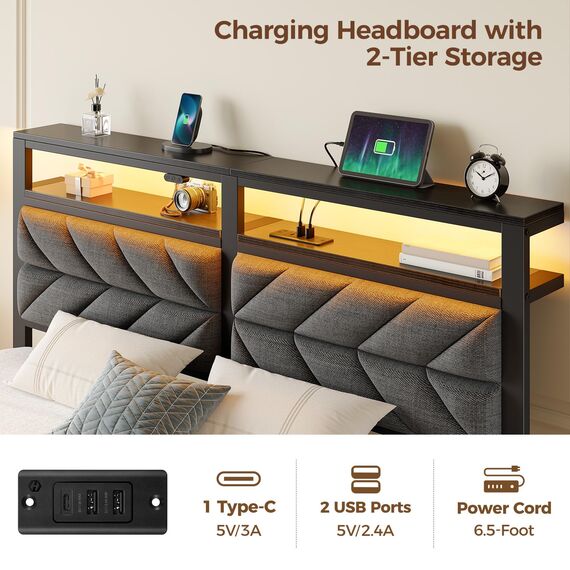 Seventable Bettrahmen Queen Size mit Ladestation, LED-Bett mit gepolstertem Stauraum, Metall-Plattformbett mit Stauraum unter dem Bett, kein Boxspringbett erforderlich, geräuschfrei, einfache Montage,