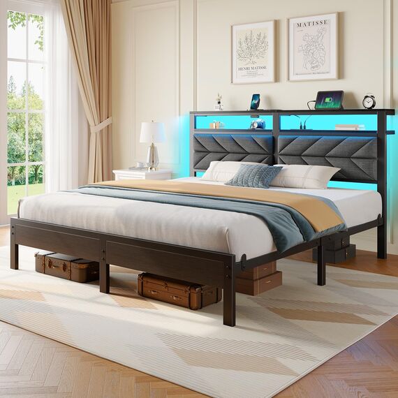 Seventable Kingsize-Bettgestell mit Ladestation, LED-Bett mit gepolstertem Kopfteil, Plattformbett aus Metall mit Stauraum unter dem Bett, kein Boxspringbett erforderlich, geräuschlos, Montage