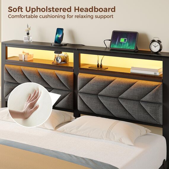 Seventable Kingsize-Bettgestell mit Ladestation, LED-Bett mit gepolstertem Kopfteil, Plattformbett aus Metall mit Stauraum unter dem Bett, kein Boxspringbett erforderlich, geräuschlos, Montage