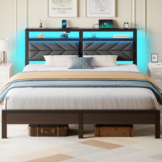 Seventable Kingsize-Bettgestell mit Ladestation, LED-Bett mit gepolstertem Kopfteil, Plattformbett aus Metall mit Stauraum unter dem Bett, kein Boxspringbett erforderlich, geräuschlos, Montage