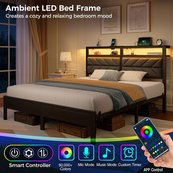 Seventable Bettrahmen Queen Size mit Ladestation, LED-Bett mit gepolstertem Stauraum, Metall-Plattformbett mit Stauraum unter dem Bett, kein Boxspringbett erforderlich, geräuschfrei, einfache Montage,