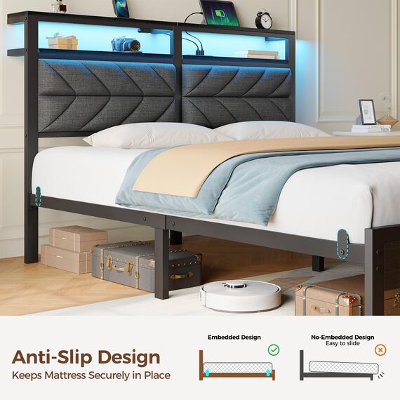 Seventable Kingsize-Bettgestell mit Ladestation, LED-Bett mit gepolstertem Kopfteil, Plattformbett aus Metall mit Stauraum unter dem Bett, kein Boxspringbett erforderlich, geräuschlos, Montage