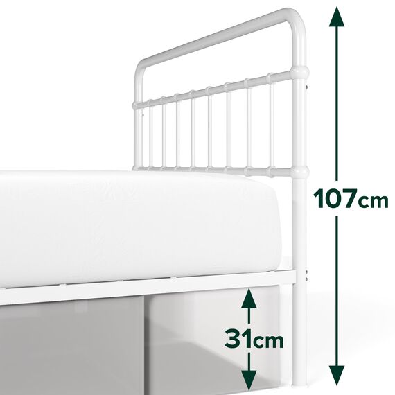 Zinus Florence Bett 180x200 cm - Höhe 30 cm mit Unterbettstauraum - Metall-Plattformbettrahmen mit Kopf- und Fußteil - Weiß