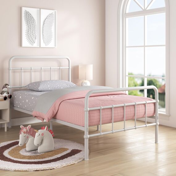 Zinus Florence Bett 100x200 cm - Höhe 30 cm mit Unterbettstauraum - Metall-Plattformbettrahmen mit Kopf- und Fußteil - Weiß