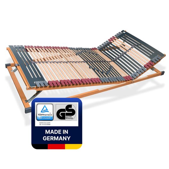7 Zonen Lattenrost Rhodos® KF, Kopf- und Fußteil verstellbar, 44 Leisten, Triokautschukkappen, Querholme BUCHE massiv, Mittelgurt, fertig montiert, TÜV/GS Gesichert Geprüft ID 1111212908, 100 x 220 cm