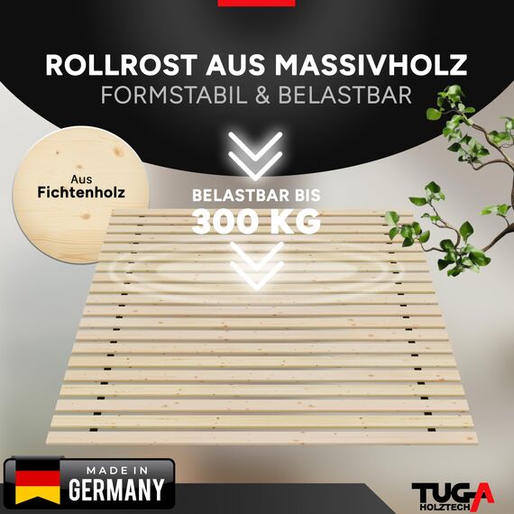 TUGA - Holztech Rollrost 200 x 200 cm 20mm 300kg Lattenrost Rolllattenrost Premium Qualitätsarbeit aus Deutschland