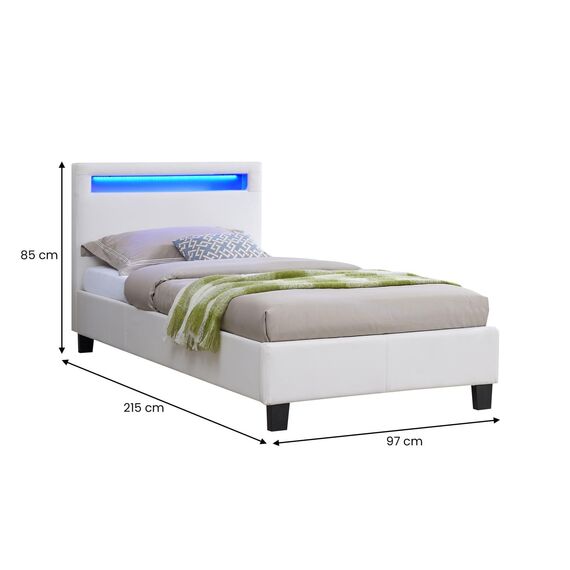 CARO-Möbel Polsterbett Mandalay mit LED Beleuchtung Einzelbett Lederbett 90 x 200 cm mit Lattenrahmen, Lederimitat in weiß