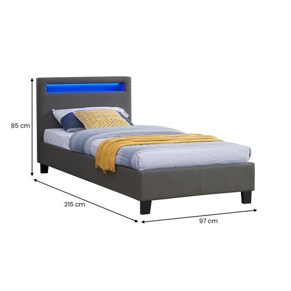 CARO-Möbel Polsterbett Mandalay 90 x 200 cm grau - mit LED Beleuchtung Einzelbett Kunstlederbett mit Lattenrahmen