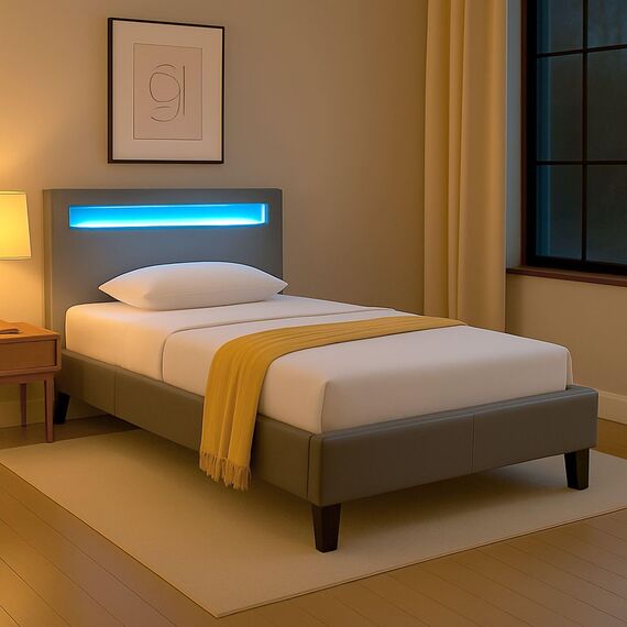 CARO-Möbel Polsterbett Mandalay 90 x 200 cm grau - mit LED Beleuchtung Einzelbett Kunstlederbett mit Lattenrahmen