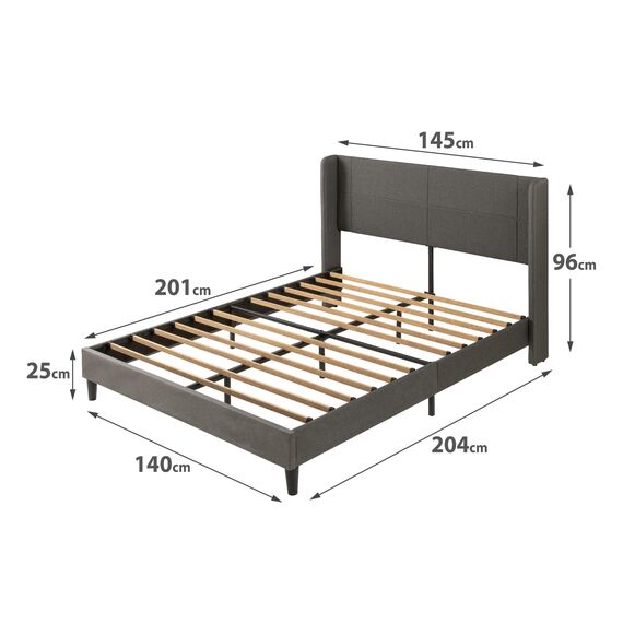 Zinus Sasha Bed 140x200 cm - Höhe 25 cm - Gepolsterter Plattform Bettrahmen mit Wingback Kopfteil und Bambus Lattenrost - Dunkelgrau