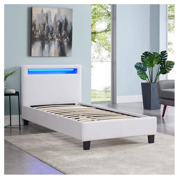 CARO-Möbel Polsterbett Mandalay mit LED Beleuchtung Einzelbett Lederbett 90 x 200 cm mit Lattenrahmen, Lederimitat in weiß