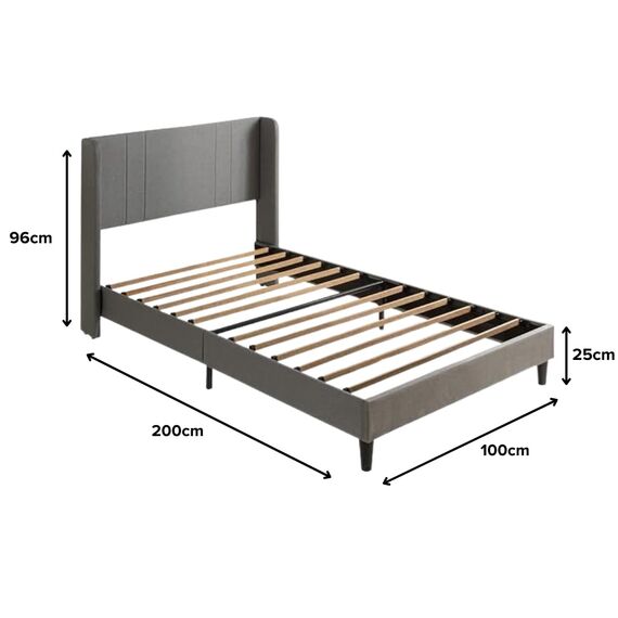 Zinus Sasha Bed 100x200 cm - Höhe 25 cm - Gepolsterter Plattform Bettrahmen mit Wingback Kopfteil und Bambus Lattenrost - Mittelgrau