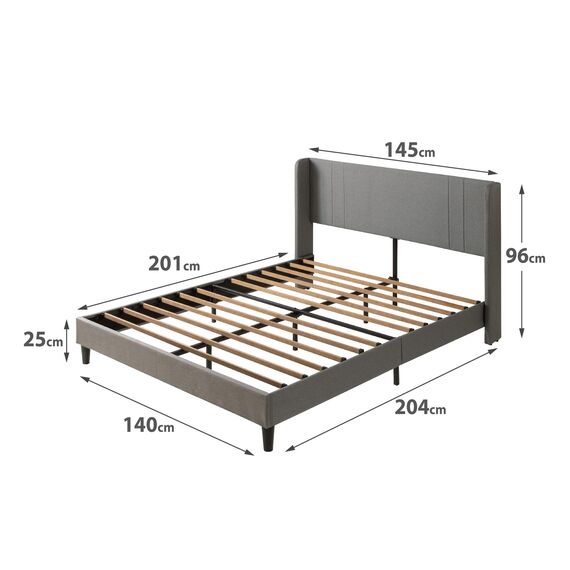 Zinus Sasha Bed 140x200 cm - Höhe 25 cm - Gepolsterter Plattformbettrahmen mit Wingback Kopfteil und Bambuslattenrost - Mittelgrau
