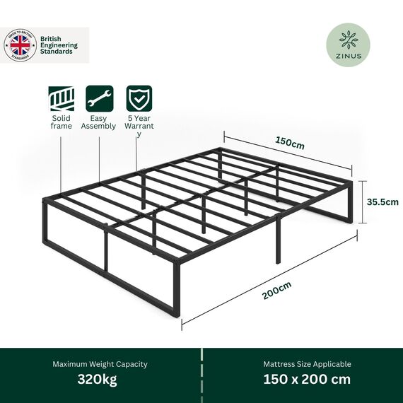 Zinus Lorelai Kingsize-Bettgestell – Bett 150 x 200 cm – 36 cm Höhe mit Stauraum unter dem Bett – Metall-Plattform-Bettrahmen mit Stahllattenstütze – Schwarz