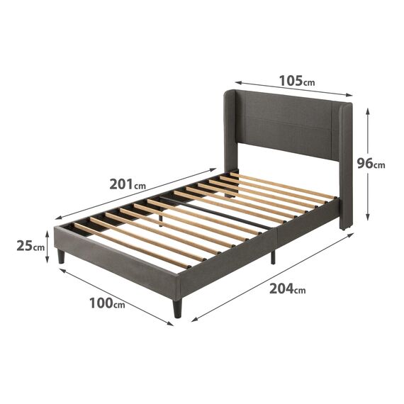 Zinus Sasha Bed 100x200 cm - Höhe 25 cm - Gepolsterter Plattform Bettrahmen mit Wingback Kopfteil und Bambus Lattenrost - Dunkelgrau