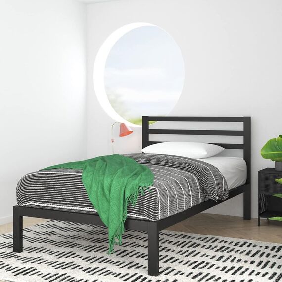 Zinus Mia Modern 36 cm Plattformbettrahmen aus Metall mit Kopfteil | Holzlattenunterstützung | Einfache Montage | Stauraum unter dem Bett | 100 x 200 cm | Schwarz