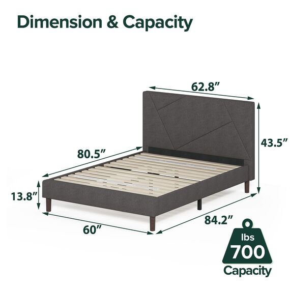 Zinus Judy Bettgestell, gepolstert, Matratzen-Fundament, Holzlattenstütze, Keine Boxspringfeder, einfache Montage, Queensize, Grau