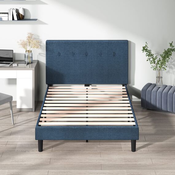 ZINUS Omkaram 36 cm gepolstertes Rahmenbettgestell | Lattenrost | Holzlattenunterstützung | Einfache Montage | 180 x 200 cm | Marineblau
