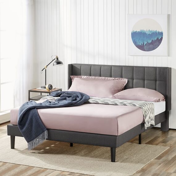 Zinus Dori 31 cm Gepolsterter Plattformbettrahmen mit Kopfteil mit Seitenteilen | Lattenrost | Holzlattenunterstützung | Einfache Montage | 180 x 200 cm | Dunkelgrau