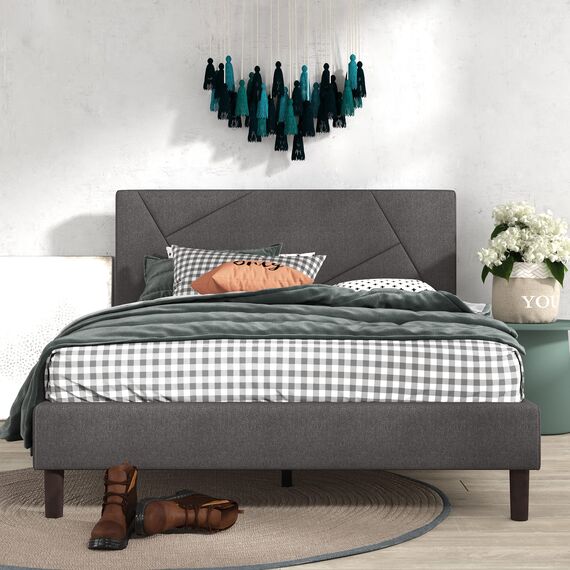 Zinus Judy Bettgestell, gepolstert, Matratzen-Fundament, Holzlattenstütze, Keine Boxspringfeder, einfache Montage, Queensize, Grau