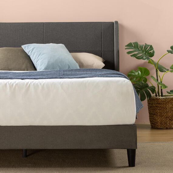 Zinus Sasha Bed 140x200 cm - Höhe 25 cm - Gepolsterter Plattform Bettrahmen mit Wingback Kopfteil und Bambus Lattenrost - Dunkelgrau