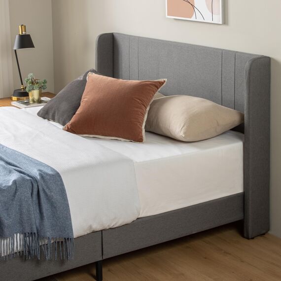 Zinus Sasha Bed 140x200 cm - Höhe 25 cm - Gepolsterter Plattformbettrahmen mit Wingback Kopfteil und Bambuslattenrost - Mittelgrau