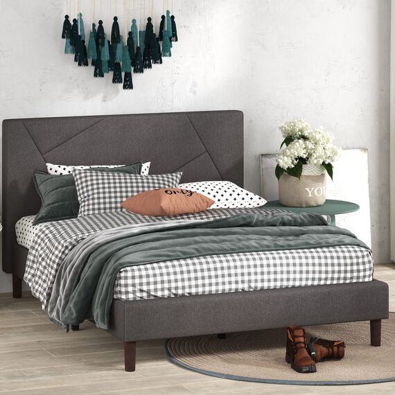 Zinus Judy Bettgestell, gepolstert, Matratzen-Fundament, Holzlattenstütze, Keine Boxspringfeder, einfache Montage, Queensize, Grau