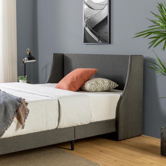 Zinus Evelyn gepolsterter Bettrahmen mit luxuriösem Wingback-Kopfteil, 140 x 200 cm, Dunkelgrau, Lattenrost aus nachhaltigem Bambus, Leichte Montage