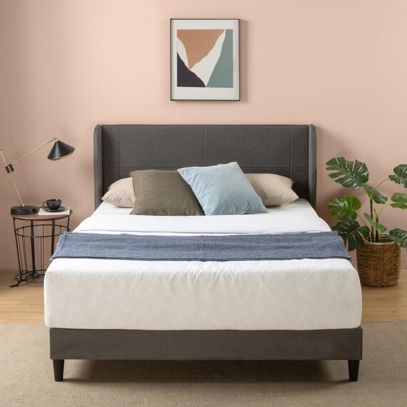 Zinus Sasha Bed 180x200 cm - Höhe 25 cm - Gepolsterter Plattformbettrahmen mit Wingback Kopfteil und Bambuslattenrost - Dunkelgrau