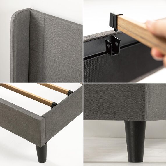 Zinus Sasha Bed 180x200 cm - Höhe 25 cm - Gepolsterter Plattformbettrahmen mit Wingback Kopfteil und Bambuslattenrost - Dunkelgrau