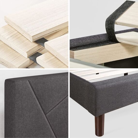 Zinus Judy Bettgestell, gepolstert, Matratzen-Fundament, Holzlattenstütze, Keine Boxspringfeder, einfache Montage, Queensize, Grau