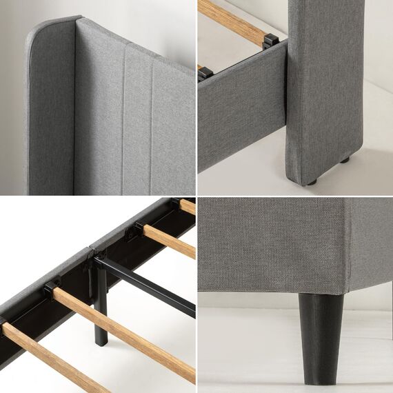 Zinus Sasha Bed 180x200 cm - Höhe 25 cm - Gepolsterter Plattform Bettrahmen mit Wingback Kopfteil und Bambus Lattenrost - Mittelgrau