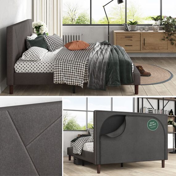 Zinus Judy Bettgestell, gepolstert, Matratzen-Fundament, Holzlattenstütze, Keine Boxspringfeder, einfache Montage, Queensize, Grau