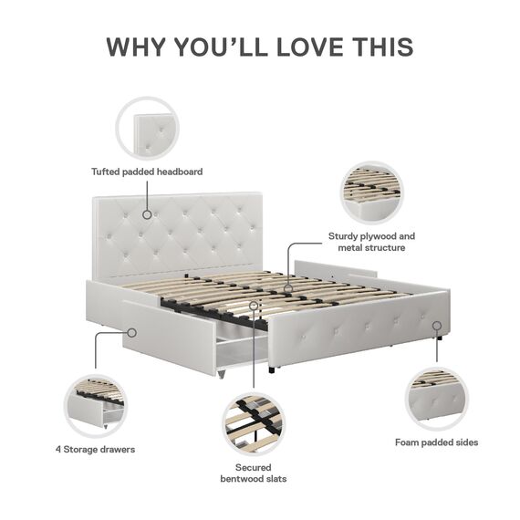 DHP Furniture Dakota Bett mit Stauraum, weißes PU, Doppelbett