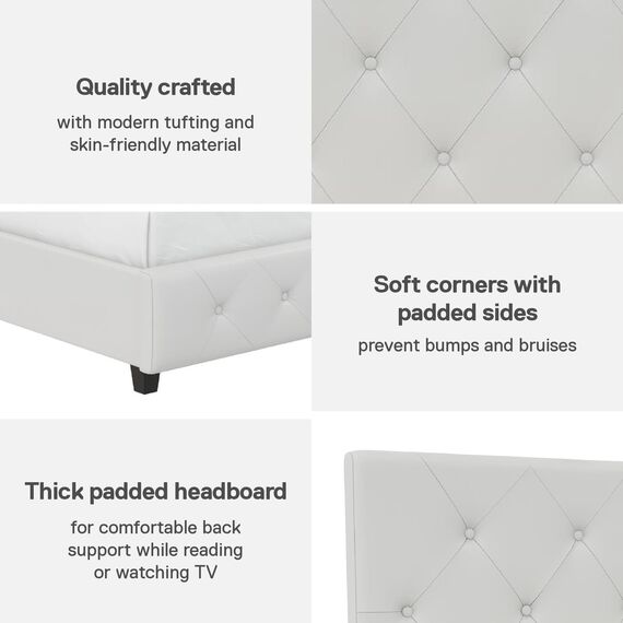 DHP Dakota Gepolstertes Plattformbett mit Diamantknopf, getuftetes Kopfteil und Fußteil, kein Boxspringbett nötig, Queen, weißes Kunstleder