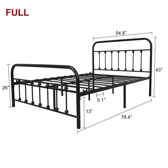NEEBIRGELIA Metallbettrahmen, volle Größe, mit Kopfteil und Fußteil, Einzelbettmatratze, Metallrohr und Eisen-Art-Bett, Schwarz