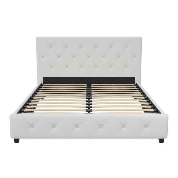 DHP Dakota Gepolstertes Plattformbett mit Diamantknopf, getuftetes Kopfteil und Fußteil, kein Boxspringbett nötig, Queen, weißes Kunstleder
