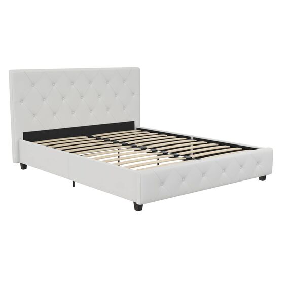 DHP Dakota Gepolstertes Plattformbett mit Diamantknopf, getuftetes Kopfteil und Fußteil, kein Boxspringbett nötig, Queen, weißes Kunstleder