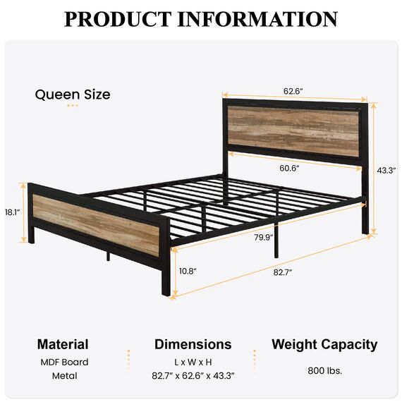 Urest Queen-Size-Bettgestell mit Kopfteil/Plattformbett/Metallbettrahmen/Starke Lattenstütze/Keine Boxspringfeder nötig, Schwarz