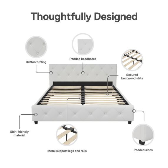DHP Dakota Gepolstertes Plattformbett mit Diamantknopf, getuftetes Kopfteil und Fußteil, kein Boxspringbett nötig, Queen, weißes Kunstleder