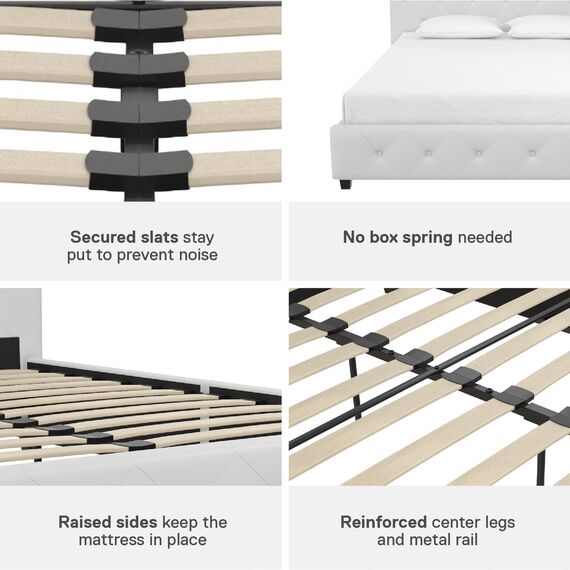 DHP Dakota Gepolstertes Plattformbett mit Diamantknopf, getuftetes Kopfteil und Fußteil, kein Boxspringbett nötig, Queen, weißes Kunstleder