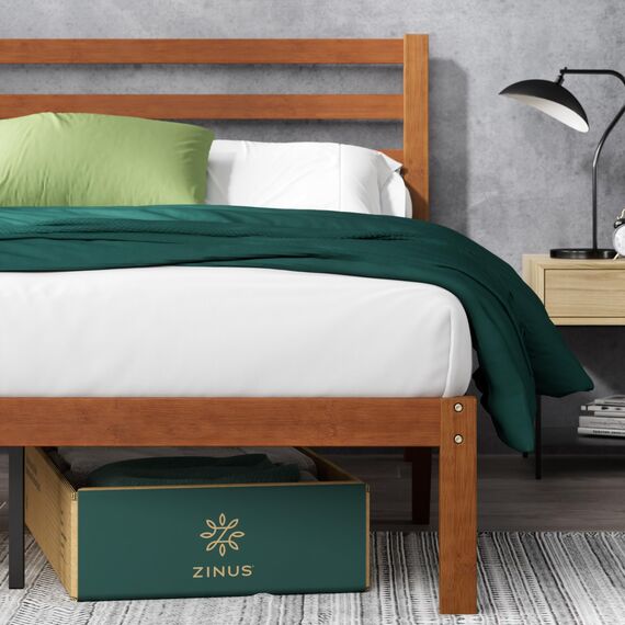 Zinus Leah Bett 180x200 cm - Höhe 35 cm mit Stauraum unter dem Bett - Bambus Plattform Bettgestell mit Kopfteil - Braun