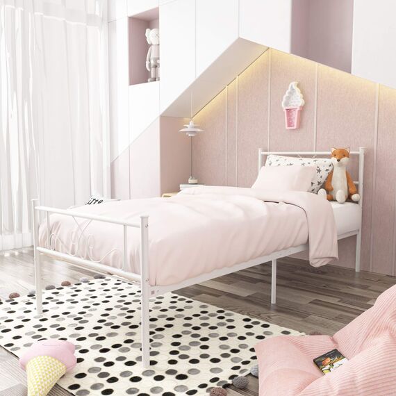 SimLife Doppelbett mit Kopfteil und Fußteil, Matratze, Unterbettkommode, ideal für Kinder, Jungen, Erwachsene, kein Boxspringbett erforderlich, Prinzessin, Weiß