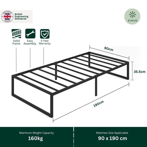Zinus Lorelai Einzelbettgestell – Bett 90 x 190 cm – 36 cm Höhe mit Unterbettkommode – Plattform-Bettgestell aus Metall mit Stahllattenstütze – Schwarz