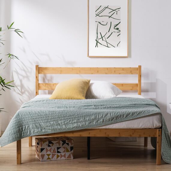 Zinus Ellie Doppelbettrahmen – Bett 135 x 190 cm – 35 cm Höhe mit Stauraum unter dem Bett – Bambus und Holz Plattform-Bettgestell mit Kopfteil – Braun