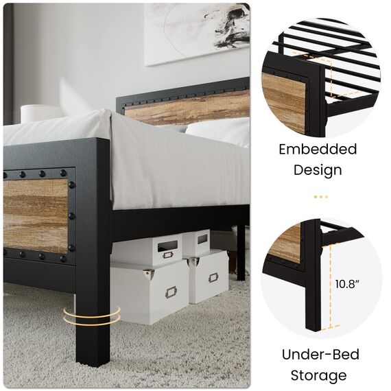Urest Queen-Size-Bettgestell mit Kopfteil/Plattformbett/Metallbettrahmen/Starke Lattenstütze/Keine Boxspringfeder nötig, Schwarz