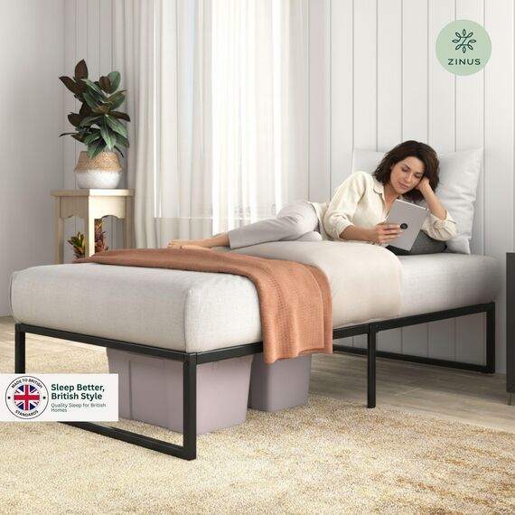 Zinus Lorelai Einzelbettgestell – Bett 90 x 190 cm – 36 cm Höhe mit Unterbettkommode – Plattform-Bettgestell aus Metall mit Stahllattenstütze – Schwarz