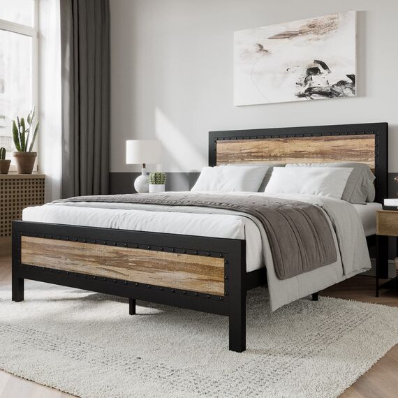 Urest Queen-Size-Bettgestell mit Kopfteil/Plattformbett/Metallbettrahmen/Starke Lattenstütze/Keine Boxspringfeder nötig, Schwarz